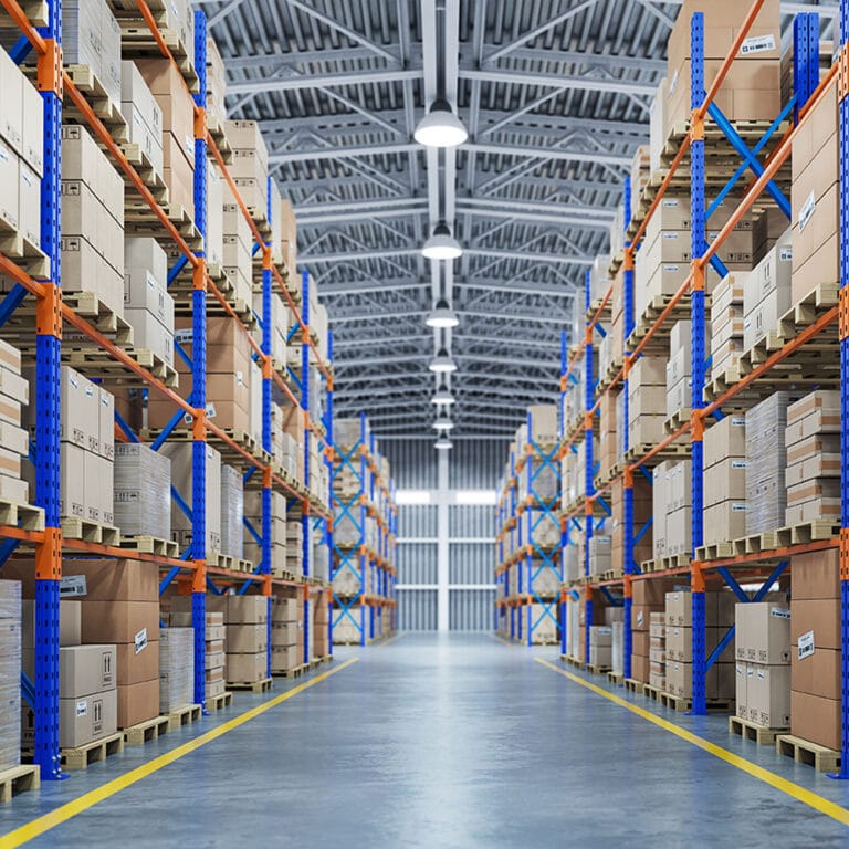 Warehouse pallet racks stocked with freight