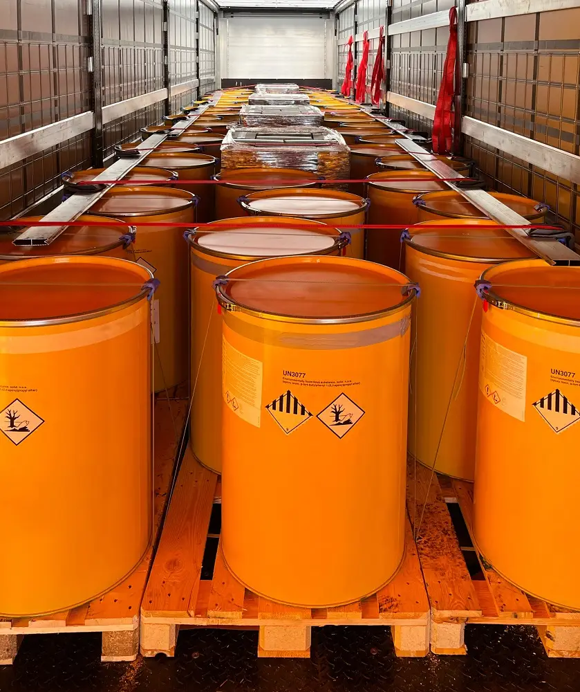 Hazardous materials shipping containers with warning labels - Express Freight International dangerous goods consulting
