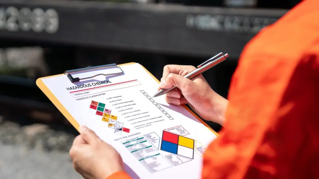 Engineer reviewing a hazardous materials checklist beside a chemical tanker railcar - Express Freight International