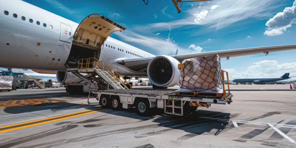 Air cargo containers being loaded onto a cargo aircraft
