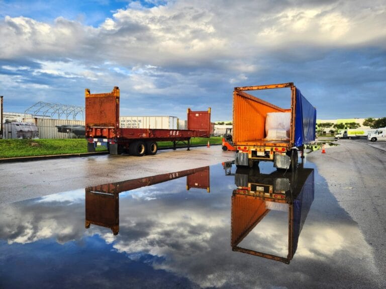 Flat rack and open top container frames standing in the EFI yard in Miami