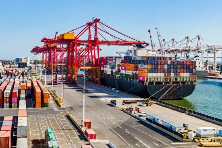 Grúas pórtico rojas trabajando un portacontenedores cargado en una terminal con mucho movimiento, con contenedores apilados y camiones en el muelle