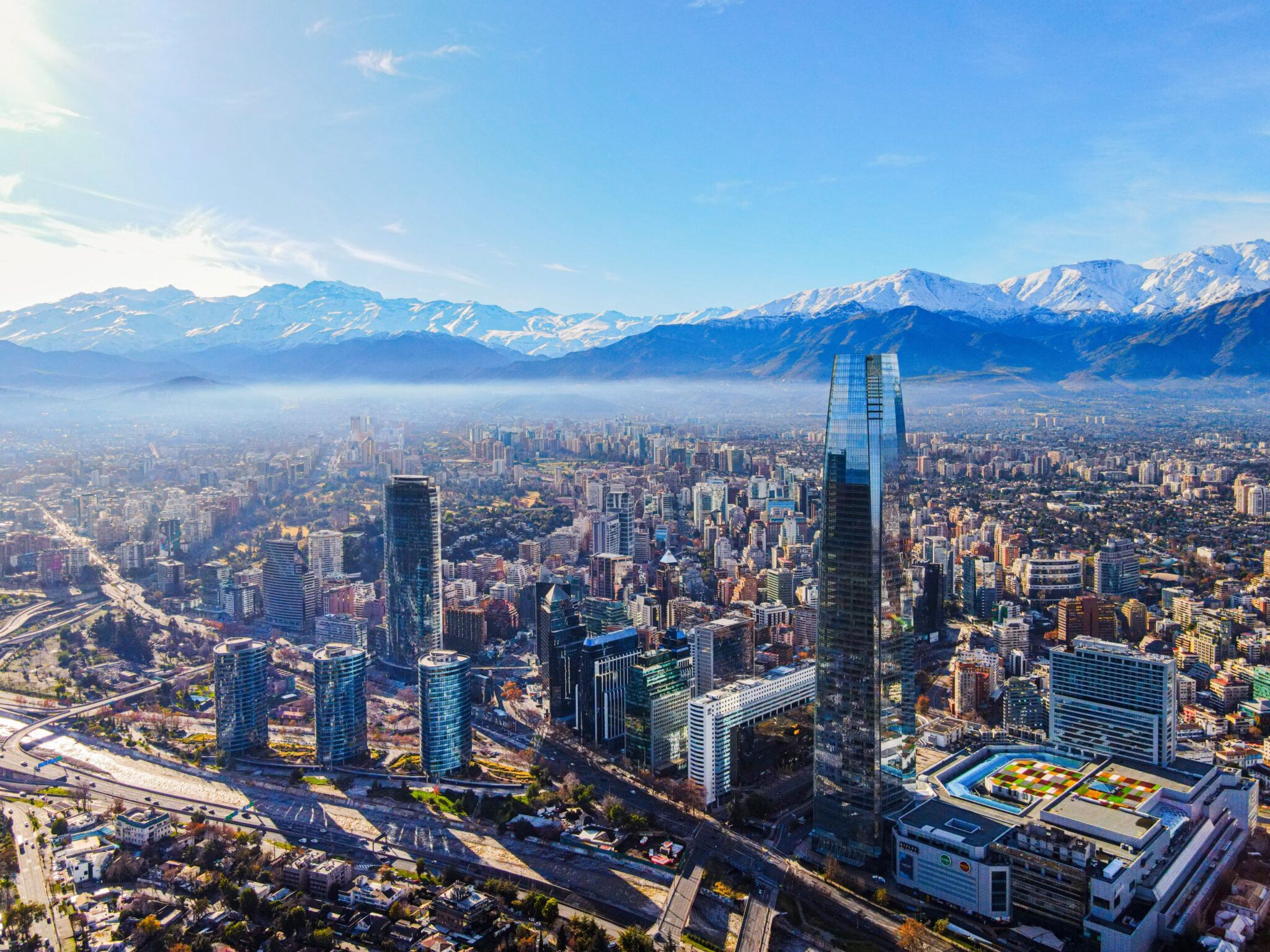 Santiago, Chile, with its office towers in front of the snow-capped Andes