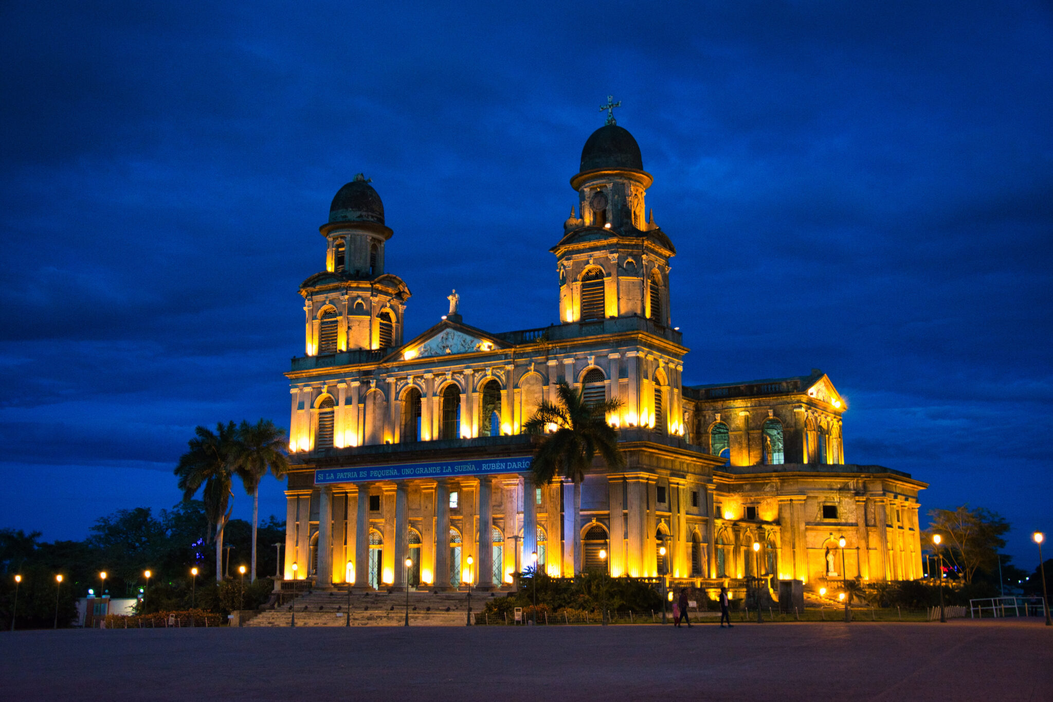 The Old Cathedral of Santiago in Managua, floodlit at dusk