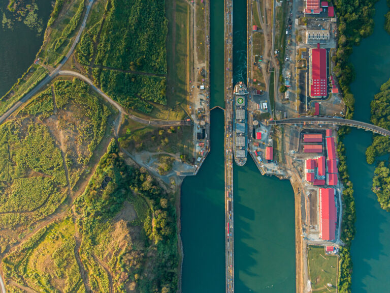 A ship inside the locks of the Panama Canal, seen from directly above