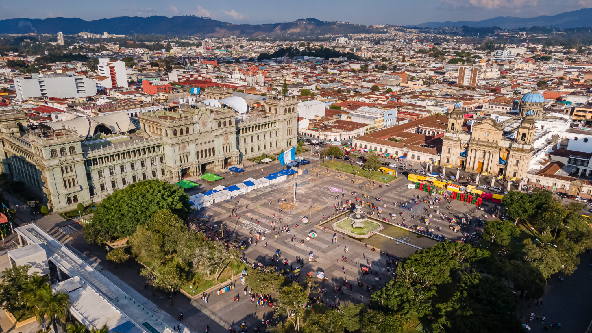 Aerial view of Plaza de la Constitución and the National Palace in Guatemala City